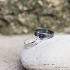 alliance ciel étoilé en argent massif recyclé, fait main en france par un petit artisan, alliance écologique